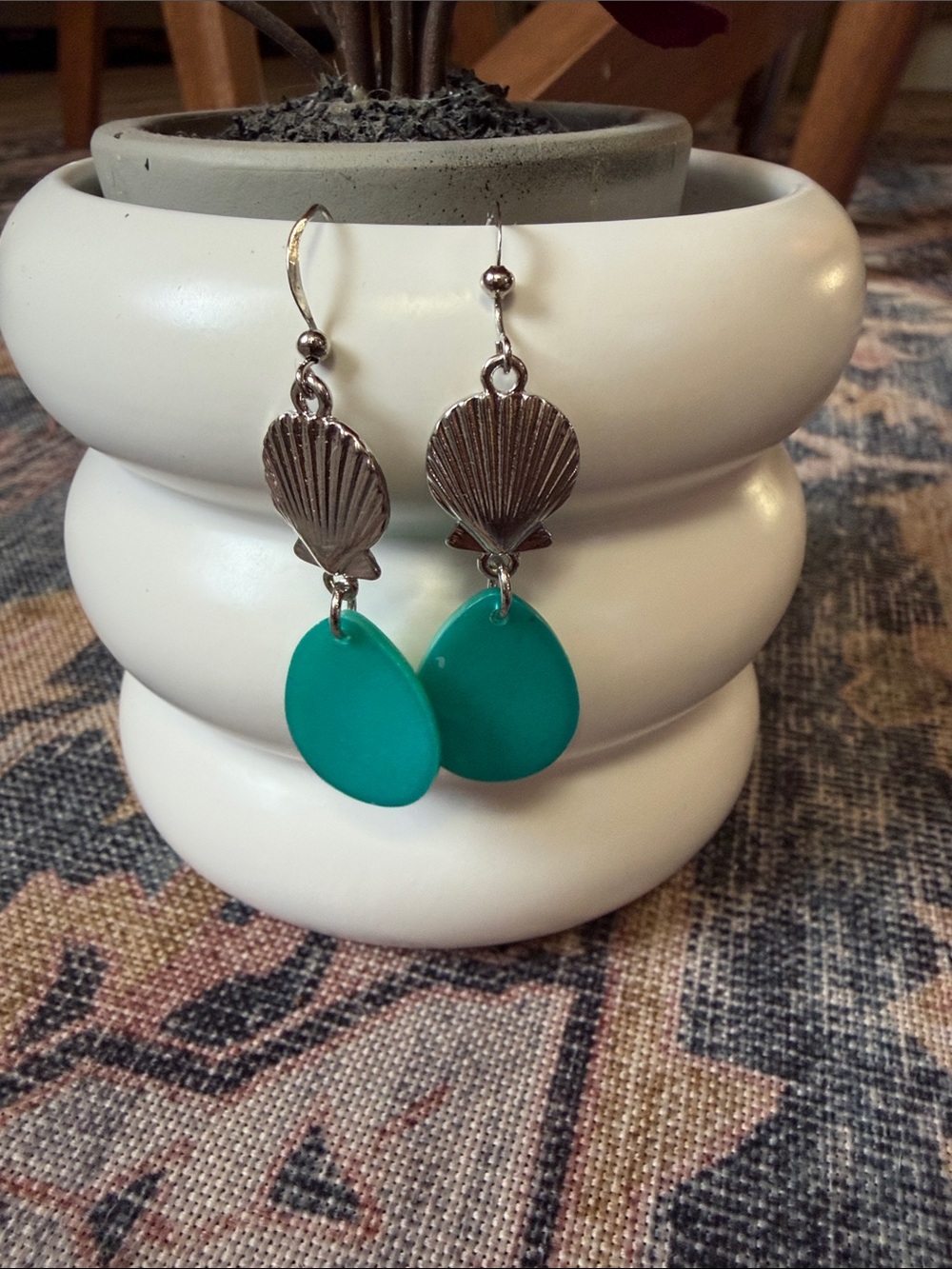 Teal Shell Drop Earrings - Unbranded